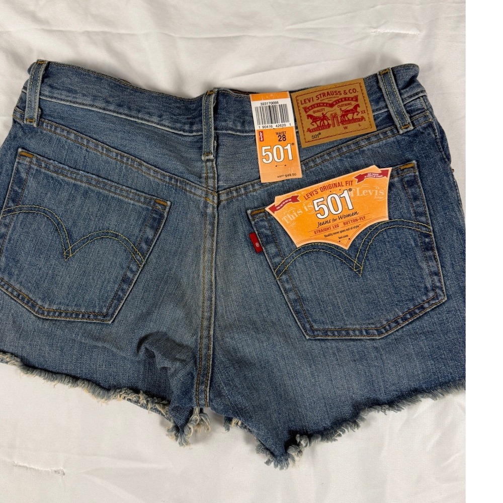 Levis 501 Original Fit Denim Shorts Medium Wash Blue Raw Hem Size‎ 28 NEW